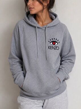 Kenzo Gray Hooded Sweatshirt with Eye & Red Heart Embroidery